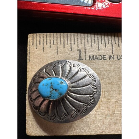 Vintage Navajo Sterling Silver Turquoise Hand-Stamped Concho Oval Post Earrings - Picture 5 of 7